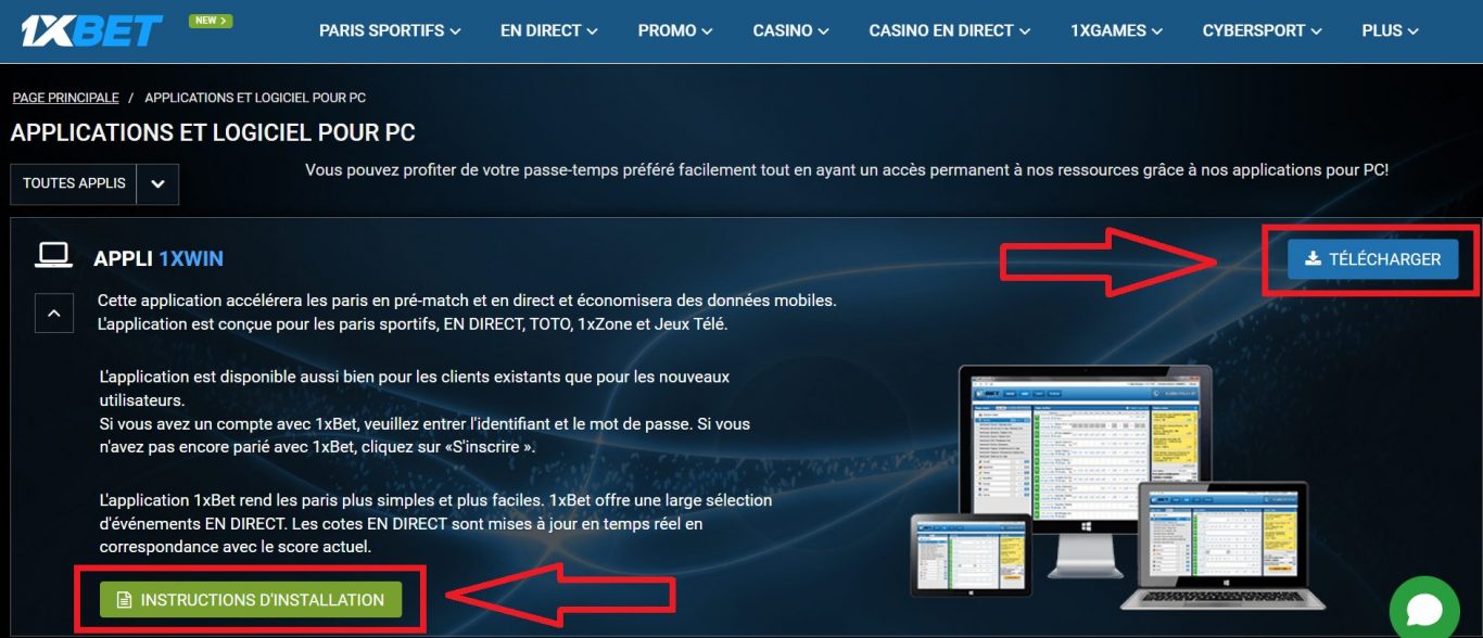 Téléchargement et installation de 1xBet for Windows